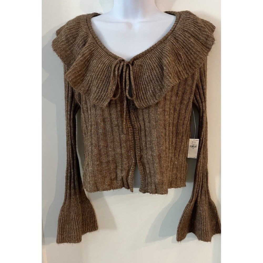 Old Navy Brown Rib-Knit Ruffle Tie-Front Cropped Cardigan Sweater Bell Sleeves M